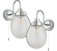 Loops 2 PACK IP44 Bathroom Wall Light Chrome & Round Clear Glass Curved Arm Oval Lamp Loops Clear