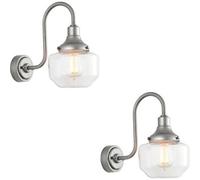 Loops 2 Pack Ip44 Outdoor Wall Light - Brushed Slilver Swan Neck Lamp - Clear Glass Shaped Shade - Garage Porch