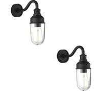 Loops 2 Pack Ip44 Outdoor Wall Light - Textured Black Curved Arm Clear Glass Shade - Garage Porch Lamp