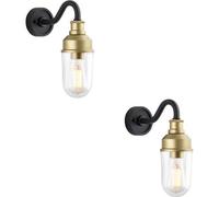 Loops 2 Pack Ip44 Outdoor Wall Light - Textured Black & Gold Curved Arm - Garage Porch Lamp
