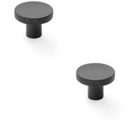 Loops 2 Pack - Knurled Round Radio Cupboard Door Knob - 38mm Diameter Matt Black Pull Handle