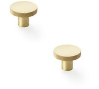 Loops 2 Pack - Knurled Round Radio Cupboard Door Knob - 38mm Diameter Satin Brass Pull Handle