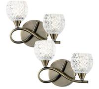 Loops 2 PACK LED Twin Wall Light Twist Arm Antique Brass Glass Pattern Dimming Lamp in Clear Loops Clear