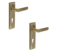 Loops 2 Pack Modern Antique Brass Door Handle With Euro Backplate - Solid Brass Interior Handle