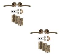 Loops 2 PACK - Premium Door Handle & Latch Pack Set- Antique Brass Curved Square Lever Round Rose