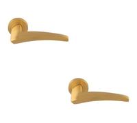 Loops 2 Pack - Premium Elegant Curve Door Handle Set - Satin Brass Bar Lever On Round Rose