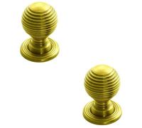 Loops 2 Pack - Reeded Ball Door Knob - 23mm Polished Brass Lined Cupboard Pull Handle & Rose
