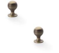 Loops 2 Pack - Reeded Ball Door Knob - 25mm Diameter Antique Brass Lined Cupboard Pull Handle
