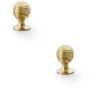 Loops 2 Pack - Reeded Ball Door Knob - 25mm Diameter Satin Brass Lined Cupboard Pull Handle