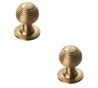 Loops 2 Pack - Reeded Ball Door Knob - 35mm Satin Brass Lined Cupboard Pull Handle & Rose