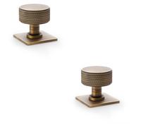 Loops 2 Pack - Round Knurled Door Knob - 35mm Diameter Antique Brass Radio Cupboard Pull Handle