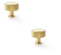 Loops 2 Pack - Round Knurled Door Knob - 35mm Diameter Satin Brass Radio Cupboard Pull Handle