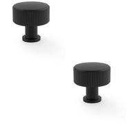 Loops 2 Pack - Round Reeded Door Knob - 35mm Diameter Matt Black Lined Cupboard Pull Handle