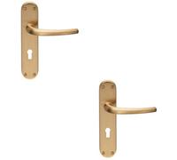 Loops 2 Pack - Rounded Sleek Latch & Lock Door Handle - Satin Brass Lever On Backplate