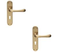 Loops 2 Pack - Rounded Smooth Latch & Lock Door Handle - Satin Brass Lever On Backplate