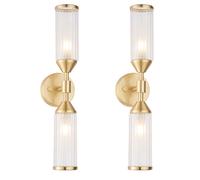 Loops 2 PACK Satin Brass Twin Wall Light & Ribbed Glass Shades Frosted Glass Defusers in Clear Loops Clear
