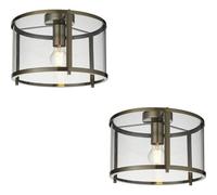 Loops 2 Pack Semi Flush Low Ceiling Light - Antique Brass & Clear Glass - 10W Max Led E27