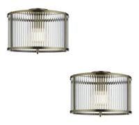 Loops 2 Pack Semi Flush Low Ceiling Light - Antique Brass & Clear Ribbed Glass - 10W Max Led E27