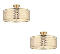Loops 2 Pack Semi Flush Low Ceiling Light - Gold Effect White Fabric & Frosted Glass - 3X 10W Max Led E27