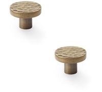 Loops 2 Pack - Slim Hammered Door Knob - Antique Brass 38mm Round Cupboard Cabinet Pull Handle