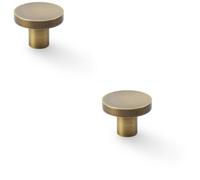 Loops 2 Pack - Slim Round Door Knob - Antique Brass 38mm Modern Cupboard Cabinet Pull Handle