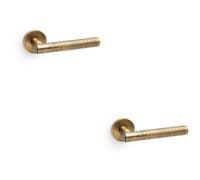 Loops 2 Pack - Solid Brass Hammered Door Handle Set - Italian Brass Straight Lever Round Rose