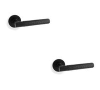 Loops 2 Pack - Solid Brass Hammered Door Handle Set - Matt Black Straight Lever On Round Rose