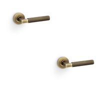 Loops 2 Pack - Solid Brass Knurled Door Handle Set - Antique Brass Angled Lever On Round Rose