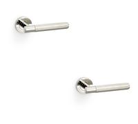 Loops 2 Pack - Solid Brass Knurled Door Handle Set - Polished Nickel Straight Lever Round Rose