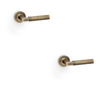Loops 2 Pack - Solid Brass Smooth Door Handle Set - Antique Brass Angled Lever On Round Rose