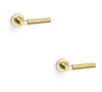 Loops 2 Pack - Solid Brass Smooth Door Handle Set - Satin Brass Angled Lever On Round Rose