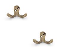 Loops 2 Pack - Solid Brass Victorian Double Robe Coat Hook - Wall Mounted Holder Antique Brass