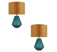 Loops 2 PACK Turqoise Glass Base Table Lamp Light & Gold Fabric Shade - Black Detail Loops Black