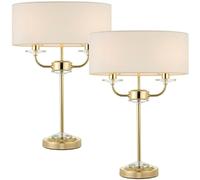 Loops 2 PACK Twin Light Table Lamp 2 Bulb Brass & White Shade Crystal Trim Bedside Loops White