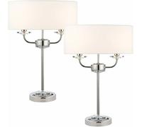 Loops 2 PACK Twin Light Table Lamp Bright Nickel & White Shade Crystal Trim Bedside in Metallics Loops Metallics