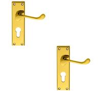 Loops 2 Pack - Victorian Scroll Latch & Euro Lock Door Handle Polished Brass Lever On Backplate