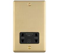 Loops 230V & 115V Twin Shaver Socket Wall Plate Satin Brass With Black Trim 86 X 146mm