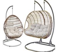 Loops 2Pc Garden Hanging Egg Chair Set - Rattan Wicker - Single & Double Outdoor Swing
