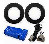 Loops 2X 24V Dimmable Black Super Slim Round Surface Mounted Led Under Cabinet Light And Driver Kit, Warm White 3000K