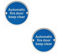 2x Automatic Fire Door Keep Clear Plaque 76mm Diameter Satin Stainless Steel