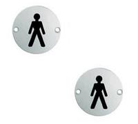 Loops 2x Bathroom Door Male Symbol Sign 64mm Fixing Centres 76mm Dia Polished Steel in Metallics Loops Metallics