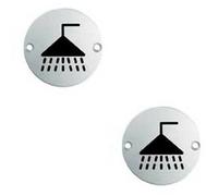 Loops 2x Bathroom Door Shower Symbol Sign 64mm Fixing Centres 76mm Dia Satin Steel in Metallics Loops Metallics