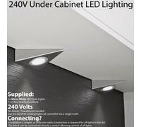 2 Pack | *240V Mains* LED Triangle Under Cabinet Kitchen Spotlights | Brushed Nickel & Warm White | Surface Mounted Light Fittings | Cupboard Worktop Counter Unit Lighting Kit | Loops