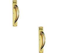 Loops 2X Curved Right Handed Door Pull Handle Engraved With 'pull' Polished Brass
