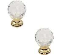 2x Faceted Crystal Cupboard Door Knob 25mm Dia Polished Brass Cabinet Handle