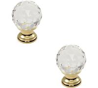 2x Faceted Crystal Cupboard Door Knob 35mm Dia Polished Brass Cabinet Handle