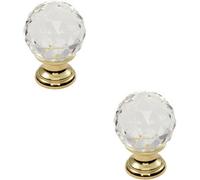 Loops 2X Faceted Crystal Cupboard Door Knob 40mm Dia Polished Brass Cabinet Handle