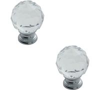 2x Faceted Crystal Cupboard Door Knob 40mm Dia Polished Chrome Cabinet Handle