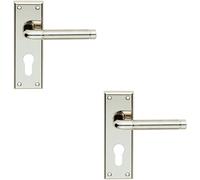 2x PAIR Round Bar Lever on Euro Lock Backplate 150 x 50mm Polished Satin Nickel
