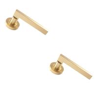 2X Pair Straight Plinth Mounted Handle On Round Rose Concealed Fix Satin Brass